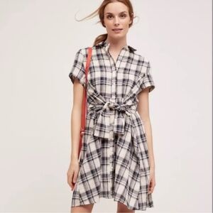 ANTHROPOLOGIE Plaid Front Tie Short Sleeve Dress